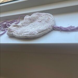Beaded Cream and Purple Drawstring Bag